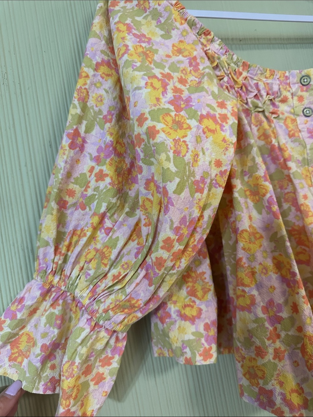 BWT Free People Women's Floral Off-Shoulder Button Front Top - Pink & Yellow - Picture 4 of 11